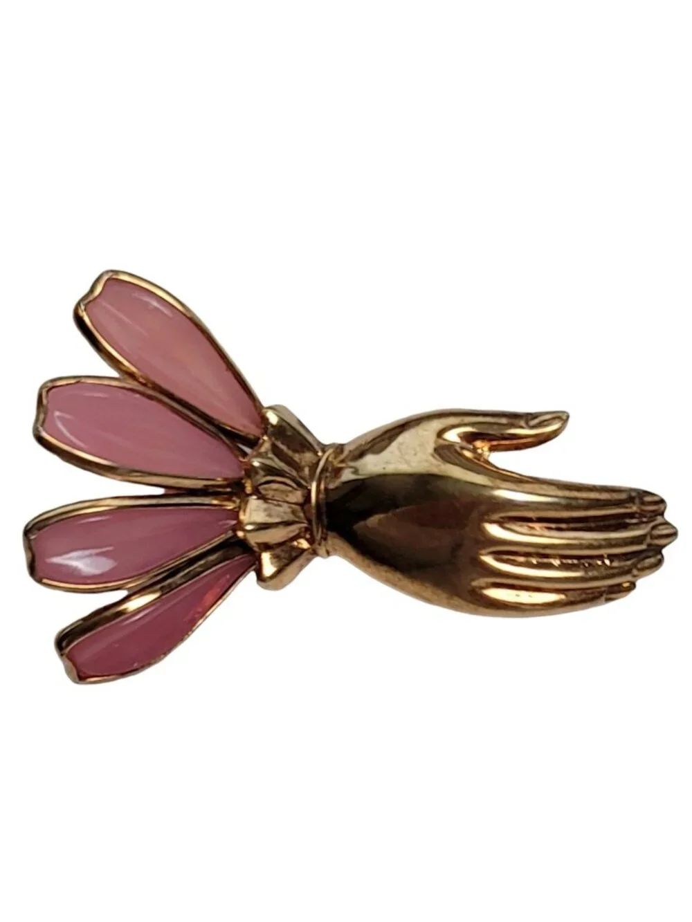 Trifari Gold-Tone Pink Poured Glass Hand Brooch, Philippe, N84
